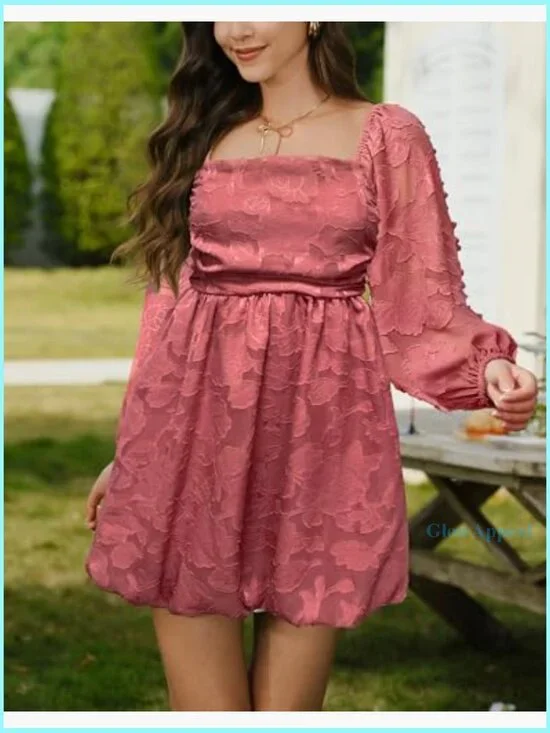 Floral Square Neck Long Sleeve Mini Dress Smocked Back A-Line Wedding Guest - Picture 5 of 6